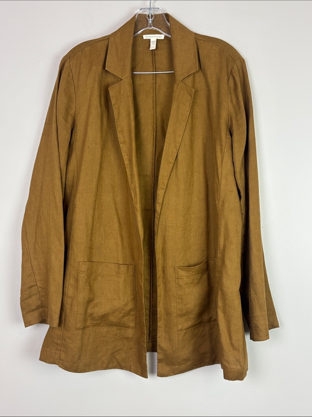 Eileen Fisher Amber Brown Open-Front Organic Linen Blazer XS Pockets Relax Fit